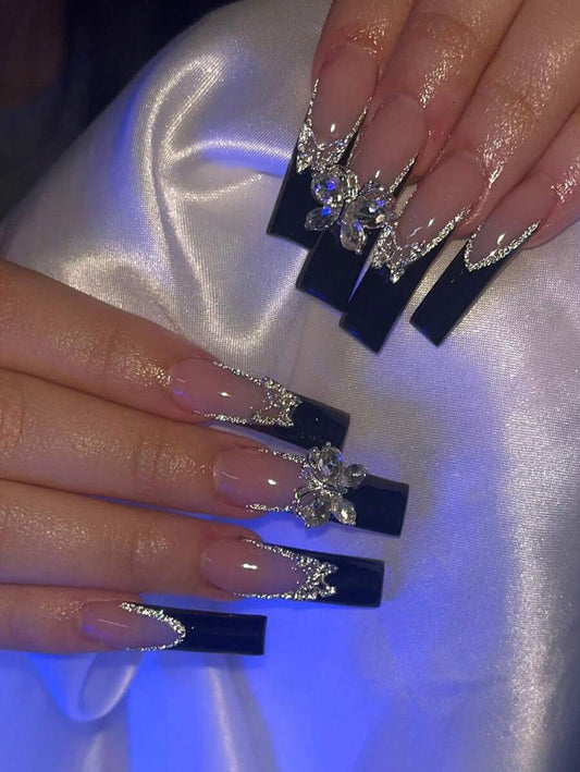 Black French Rhinestone Press-On Nails — 24 Pieces — image 1