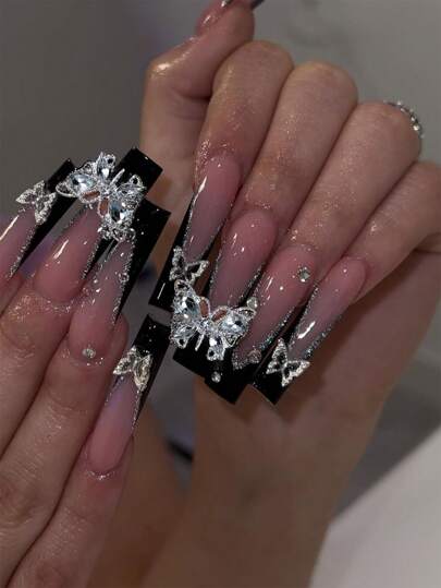 Black French Rhinestone Press-On Nails — 24 Pieces — image 6