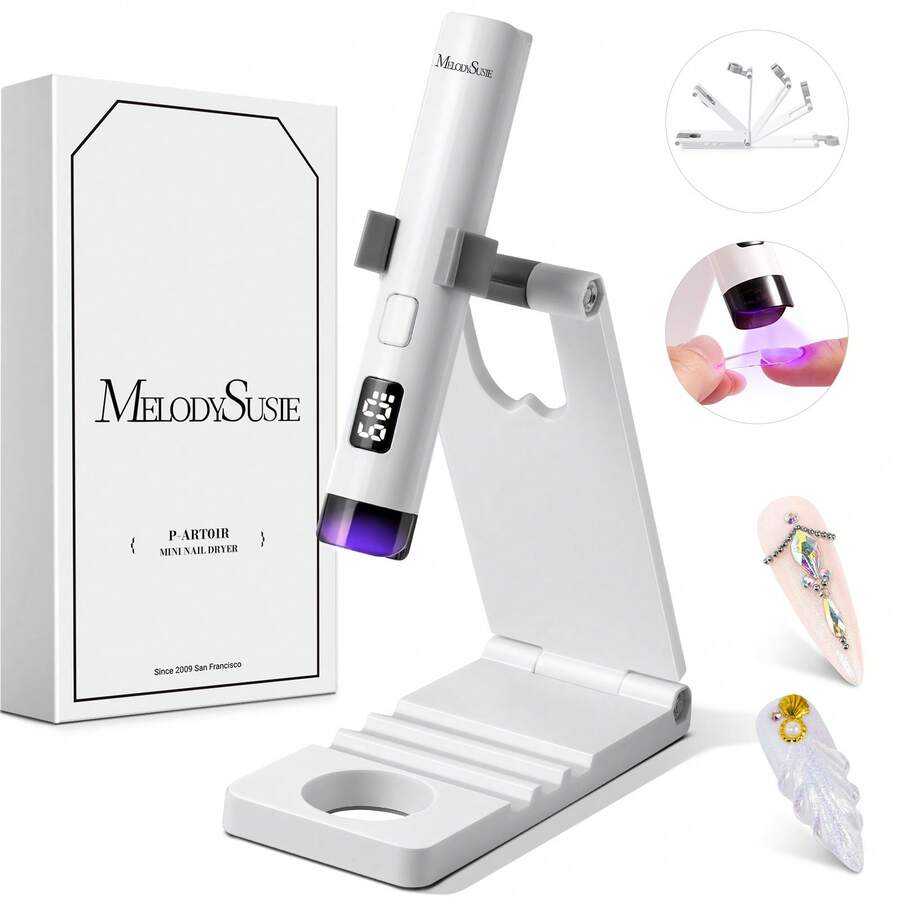 Handheld UV Light For Gel Nails With Stand, Mini Portable Cordless Nail Lamp With LCD Display, Eye-Protective Cover, Flash Curing For Glue White