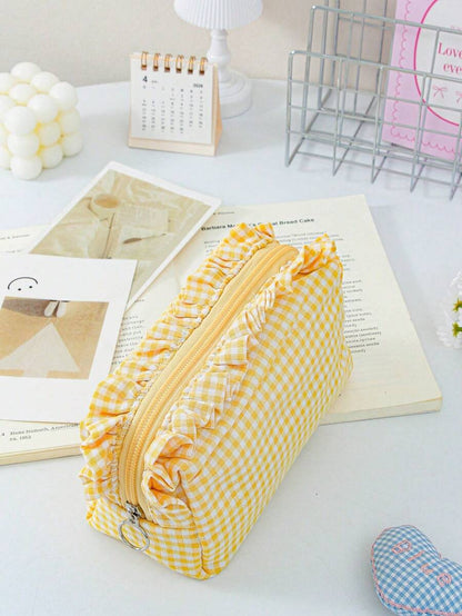 Large Capacity Plaid Ruffle Makeup Bag, Multifunctional Plaid Cosmetic Storage Bag With Zipper, Travel And Daily Use Toiletry Storage Bag