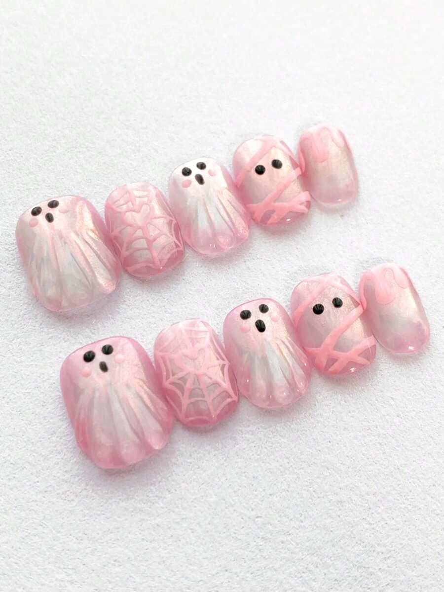 10PCS Sweet & Cool Y2K Cute 3D Pink Ghost Halloween Press-On Nails, Short Square Mesh Spider Web Design, Shiny Reusable Handmade Fake Nails, Suitable For Girls' Halloween Manicure, Short Round False Nails