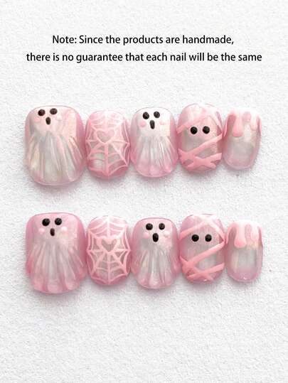 10PCS Sweet & Cool Y2K Cute 3D Pink Ghost Halloween Press-On Nails, Short Square Mesh Spider Web Design, Shiny Reusable Handmade Fake Nails, Suitable For Girls' Halloween Manicure, Short Round False Nails