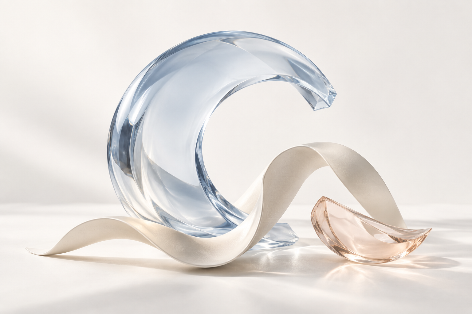 An original composition of pale blue glass, a soft ivory wave and an apricot glass form