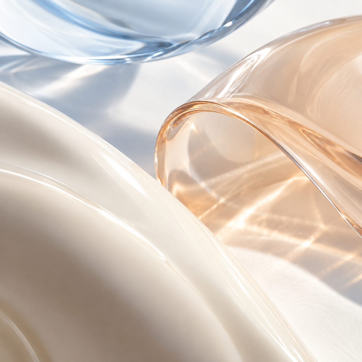 An original close-up study of apricot glass, ivory texture and soft blue reflections