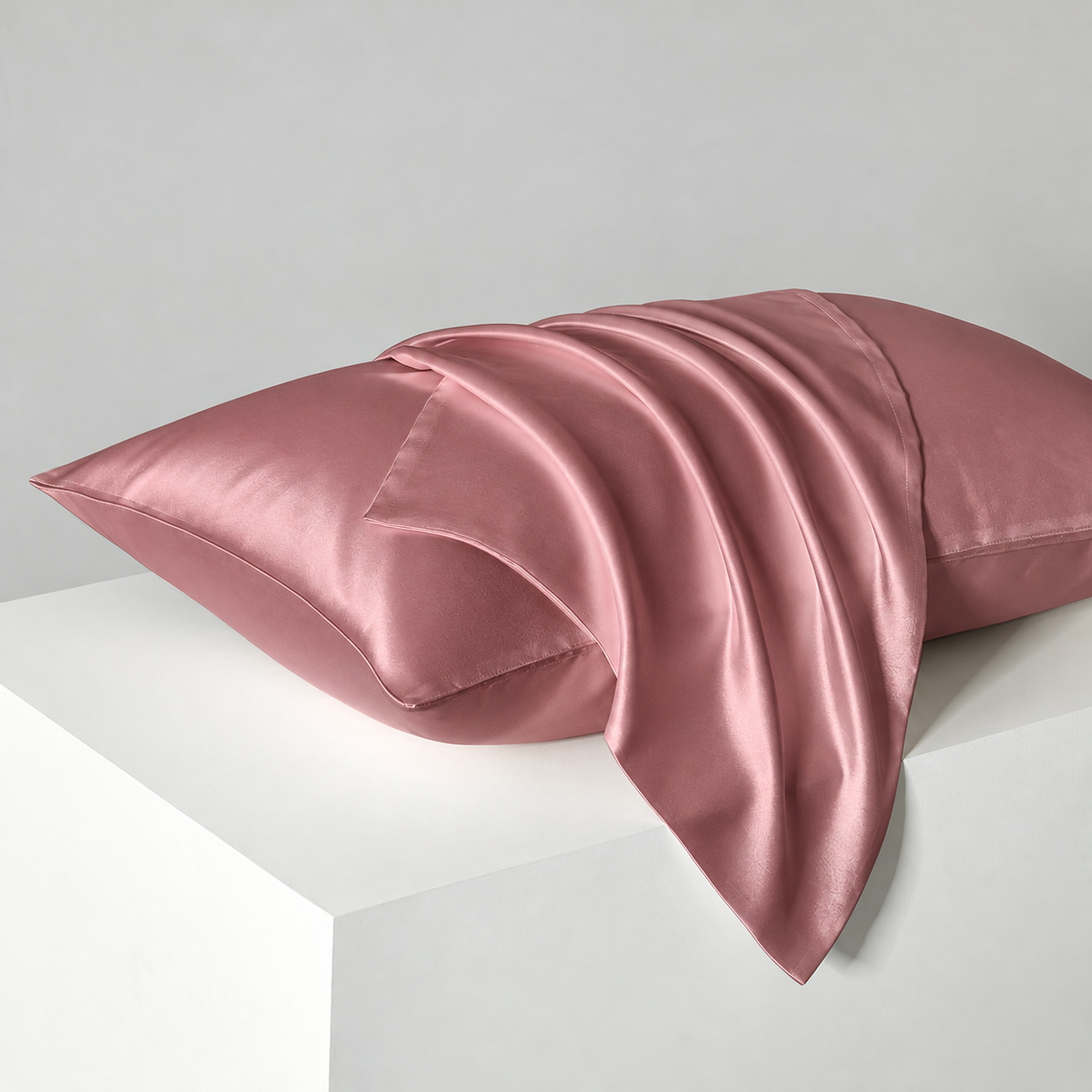Rose Brown satin pillowcases — diagonal studio view