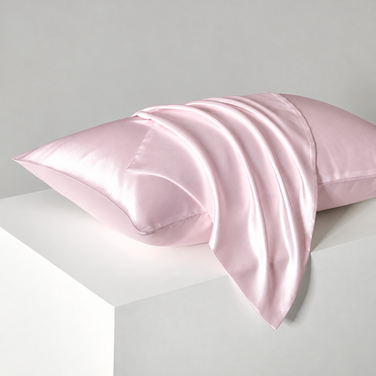 Light Pink satin pillowcases — diagonal studio view